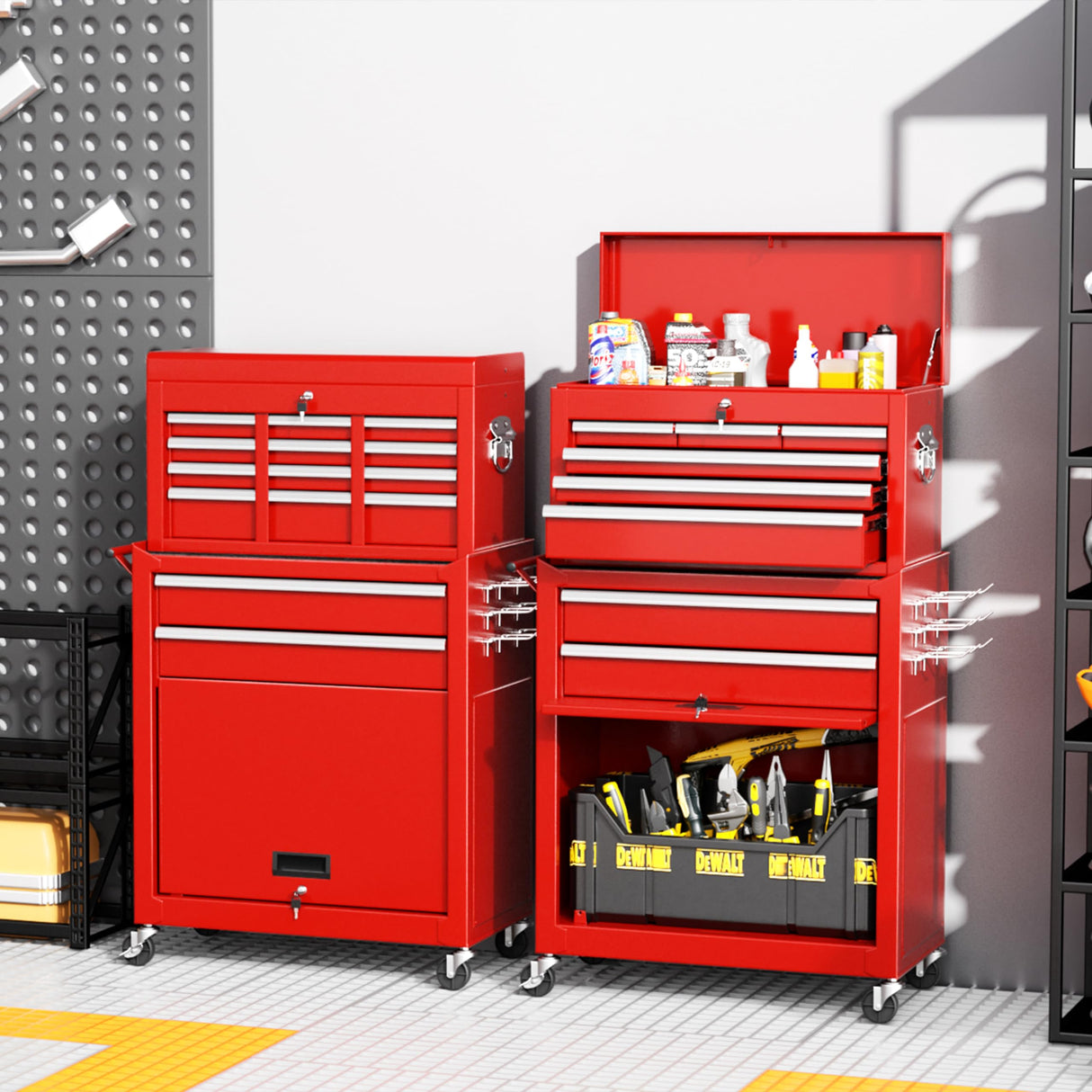 INTERGREAT Tool Chest Cabinet,8-Drawer Rolling Tool Chest with Detachable Top Tool Box, Tool Chest with Universal Lockable Wheels, Metal Tool Cart for Garage, Workshop, Barbershop(Red) INTERGREAT