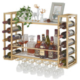 GOLASON Wall Mounted Wine Rack with Glass Holder, Metal Bottle Holder Wine Storage Display Shelf for Home Bar Dining Room Kitchen (31.5 Inch, Gold) GOLASON