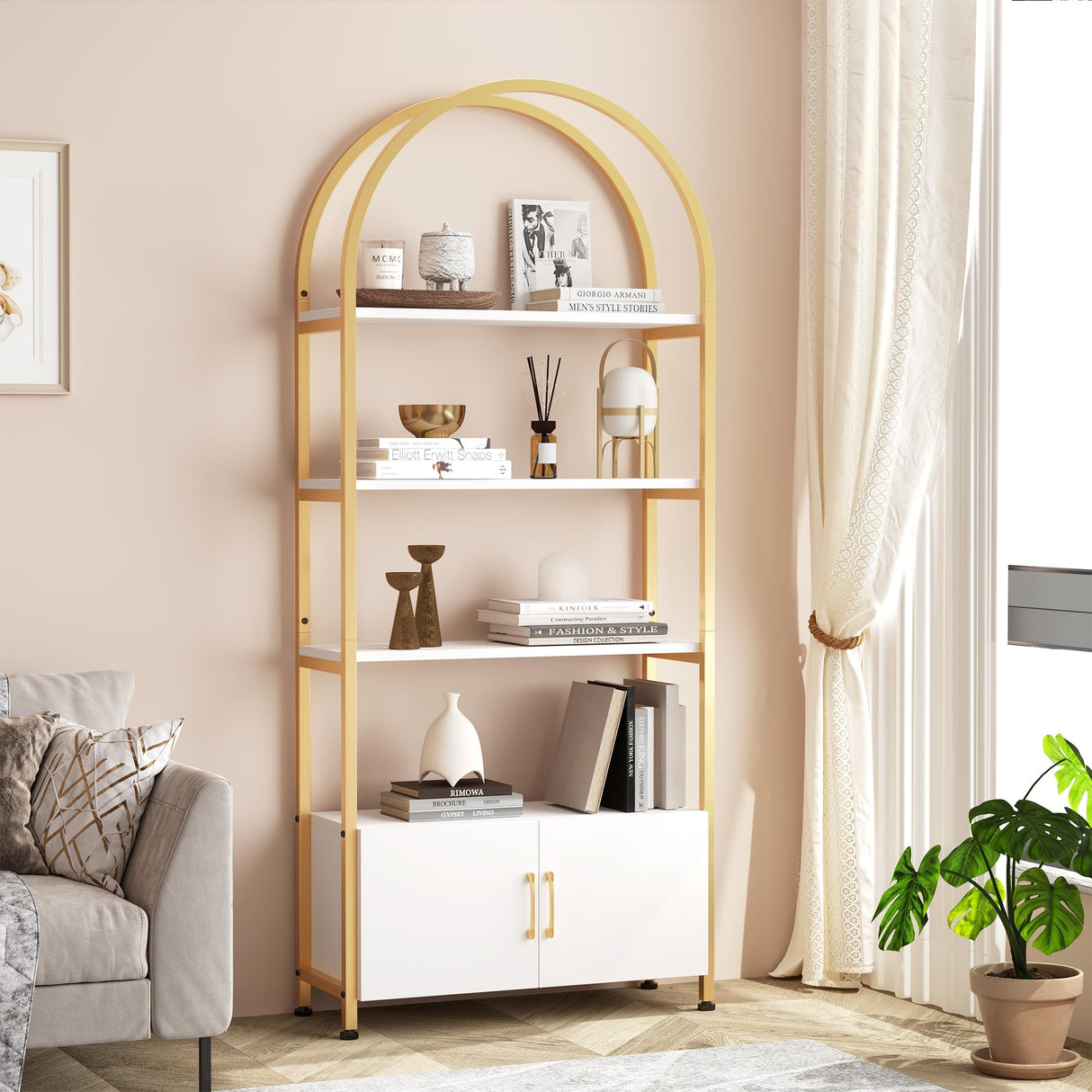 Garvee Gold Bookshelf, Arched Bookcase with Studry Metal Frame and Quality Board, Modern Book Shelf with 4-Tier Open Shelves for Living Room, Bookshelf with Doors Storage,71.5" Tall Book Shelf Garvee