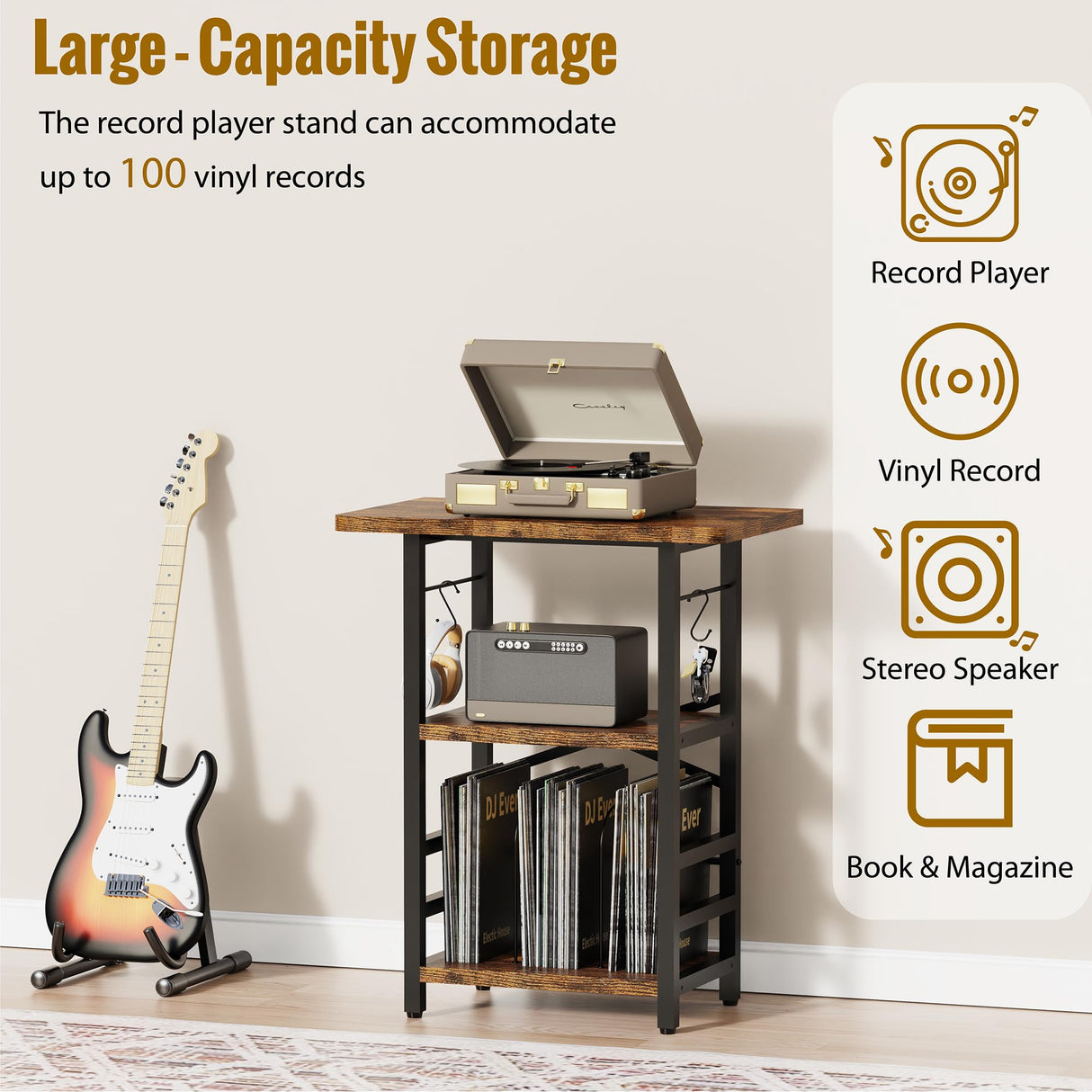 YAKANJ Record Player Stand with Extended Desktop,Large Record Player Table with Vinyl Storage,Turntable Stand with Record Holder Vinyls Display Shelf for Music Room Studio,Retro YAKANJ