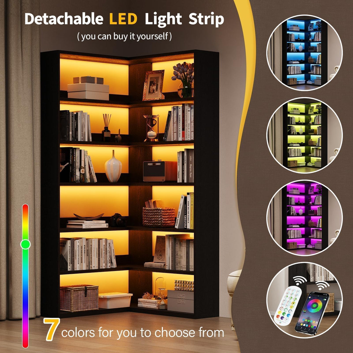 4 EVER WINNER Corner Book Shelf with LED Lights, 71” High Coner Bookshelf with Storage for Living Room, Study Room, Modern Storage Display Industrial L Shaped Bookshelf, Black 4 EVER WINNER