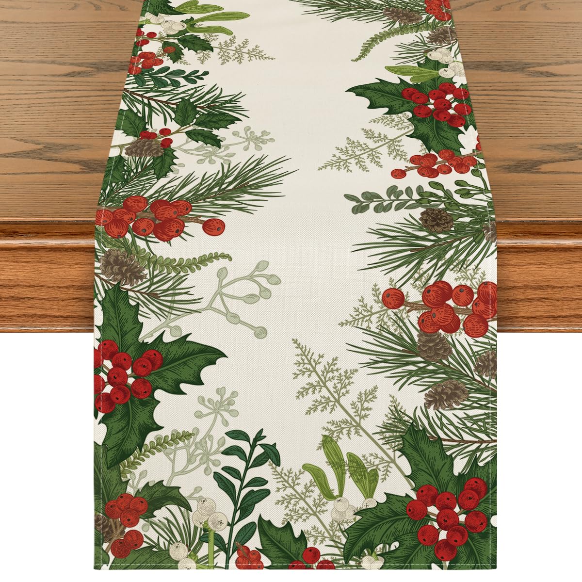 Artoid Mode Holly Pine Cone Christmas Table Runner, Seasonal Winter Kitchen Dining Table Decoration for Home Party Decor 13x72 Inch Artoid Mode