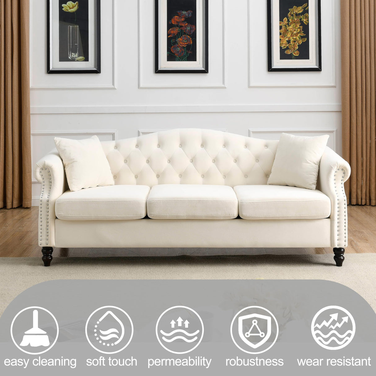 amervanito 2 Piece Modern Beige Velvet 79" 3-Seater Sofa Sets, Chesterfield Button Tufted Nailhead Combination Couch with 4 Pillows, Trimming Curved Backrest & Rolled Arm Sofa for Living Room amervanito