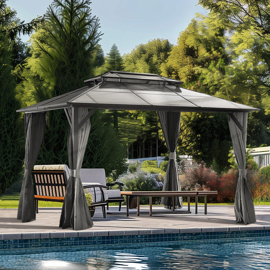 10'x13' Hardtop Metal Gazebo with Nettings and Curtains, Outdoor Heavy Duty Aluminum Frame and Polycarbonate Double Roof Permanent Gazebo, for Patios, Gardens, Lawns, Backyard