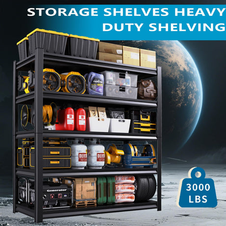 59''W/72''H Garage Shelving Heavy Duty 5-Tier Adjustable Storage Shelves Unit,3000 LBS Metal Utility Rack Shelf for Industries, Warehouses, Basement,Black (72''H x 59''W x 20''D) LBVSKK