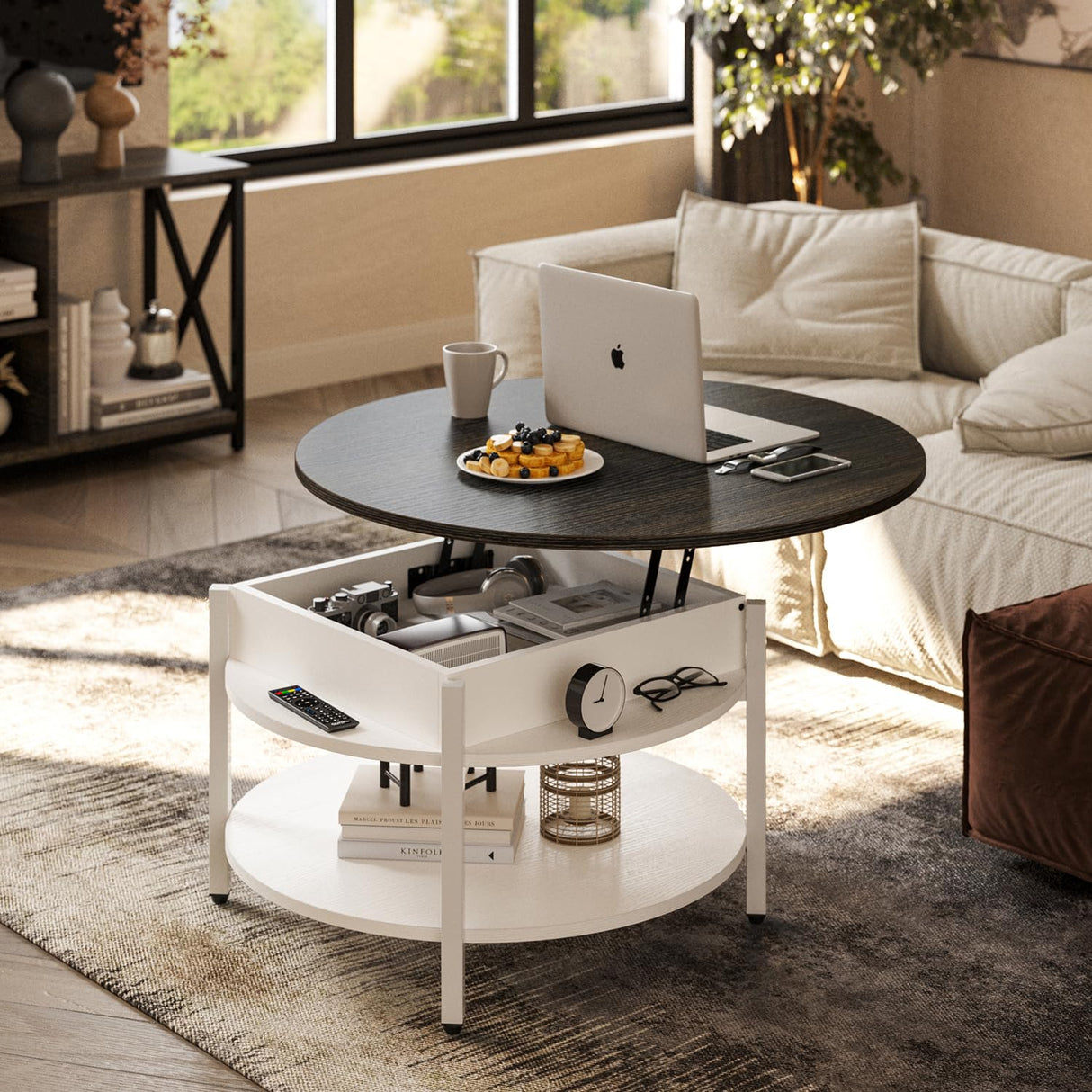 FABATO Round Lift Top Coffee Table with Storage and Hidden Compartment, 26.77'' Farmhouse Coffee Table for Living Room Reception Room, 2 Tier Small Round Coffee Table Circle Dining Table, White FABATO
