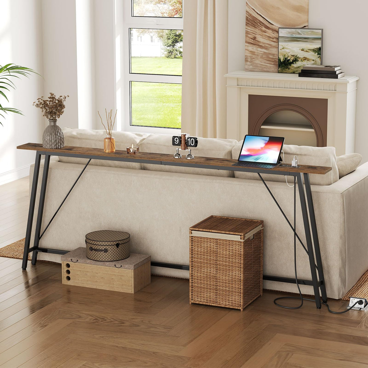 YATINEY 78.7" Skinny Console Table with Power Outlets, 5.9" Sofa Tables Narrow Long, Industrial Behind Couch Table, for Hallway, Entryway, Living Room, Rustic Brown and Black CT205UBR YATINEY