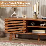 BVFUKA Mid Century Modern TV Stand for 55/60/65 inch TV, Entertainment Center with Sliding Door and Storage Shelves, TV and Media Consol for Living Room, Boho Wood Credenza for Living Room BVFUKA