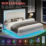 AMERLIFE Distressed White Full Bed Frame with Floating Design, Recline Headboard & Versatile RGB LED Lighting AMERLIFE