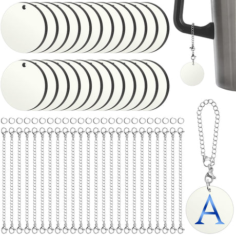 Landical 12 Sets Sublimation Charm Accessories for Cup Name ID Charm for Tumbler Cup MDF Single Side Sublimation Blanks Bulk with Chains Jump Rings for DIY Crafts Gift for Friend (Round) Landical