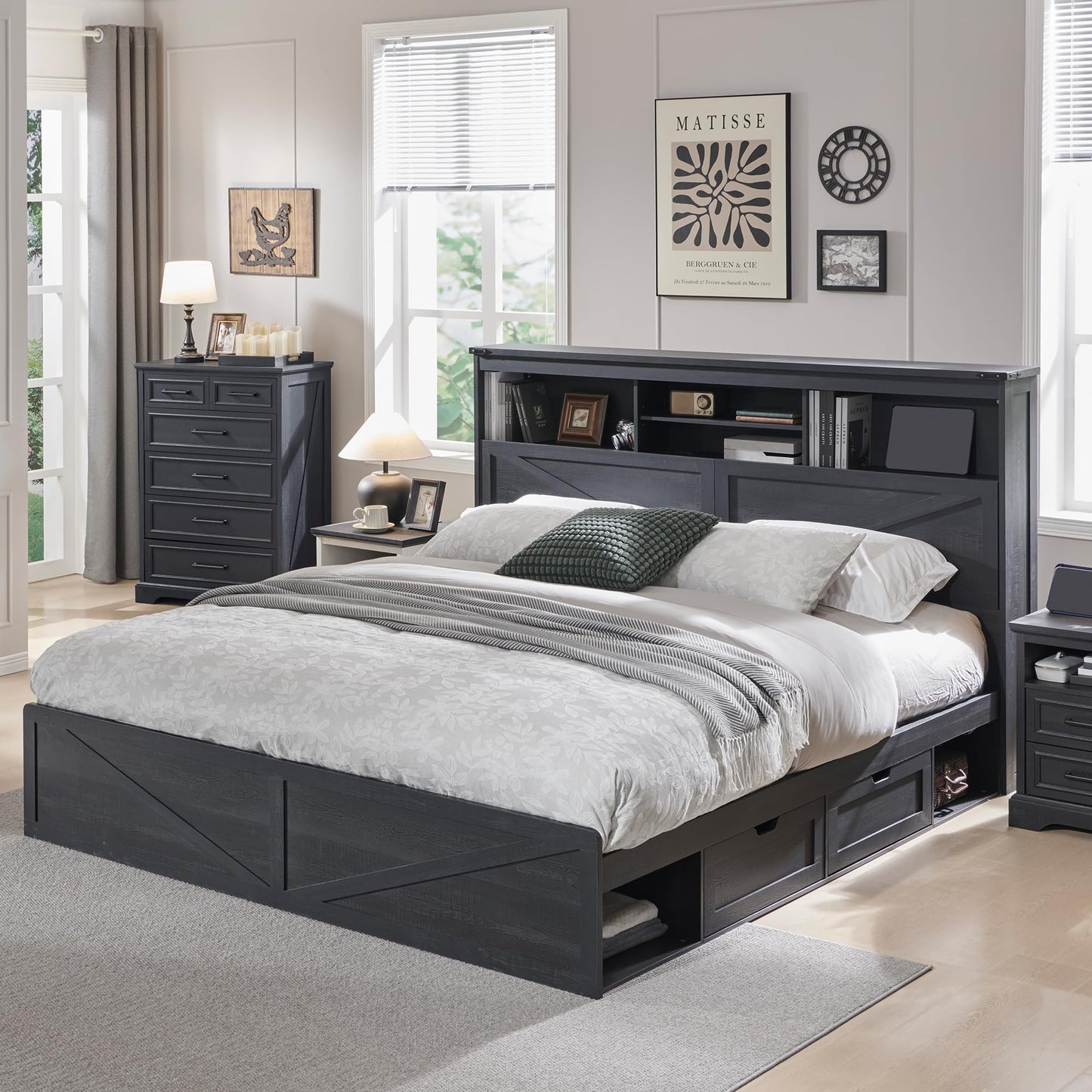 ACCOHOHO Farmhouse King Size Wood Bed Frame with 52" Tall Storage Headboard and 4 Drawers,LED Light,Charging Station,Solid Wood Slats Support,Noiseless,No Box Spring Needed,Black - WoodArtSupply