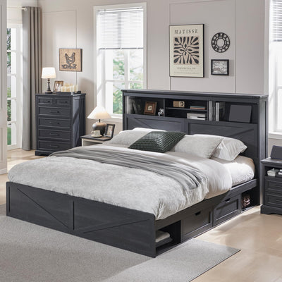 ACCOHOHO Farmhouse King Size Wood Bed Frame with 52" Tall Storage Headboard and 4 Drawers,LED Light,Charging Station,Solid Wood Slats Support,Noiseless,No Box Spring Needed,Black