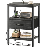 SUPERJARE Nightstand with Charging Station, Bed Side Table with Adjustable Fabric Drawer, Night Stand for Bedroom, 3-Tier Storage End Table, for Living Room, Charcoal Black Wood Grain Print SUPERJARE