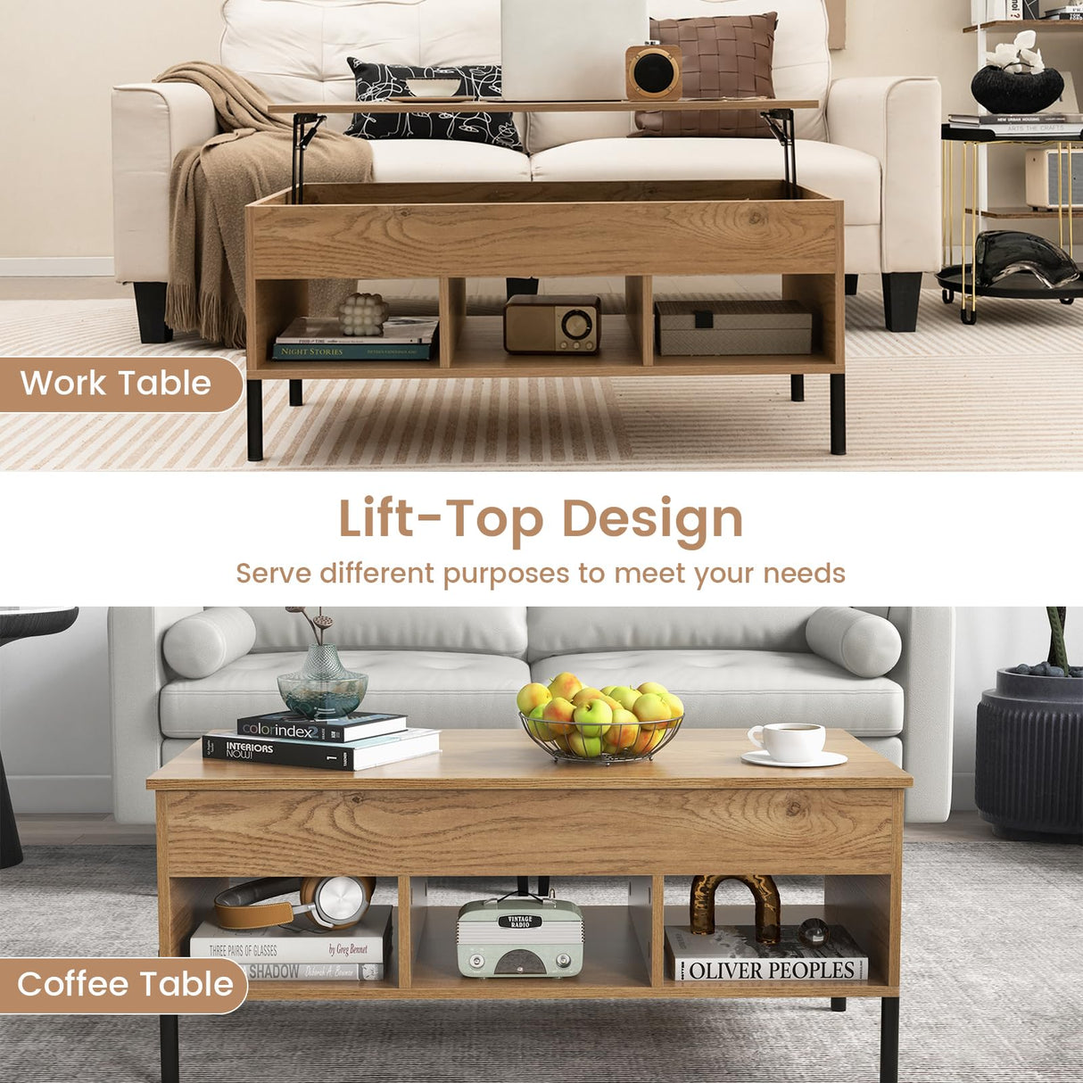 Giantex Lift Top Coffee Table - Rectangular Wooden Table w/Hidden Compartment & Open Storage Shelves, Multifunctional Modern Flip Top Center Table for Living Room, Reception Room, Office (Natural) Giantex