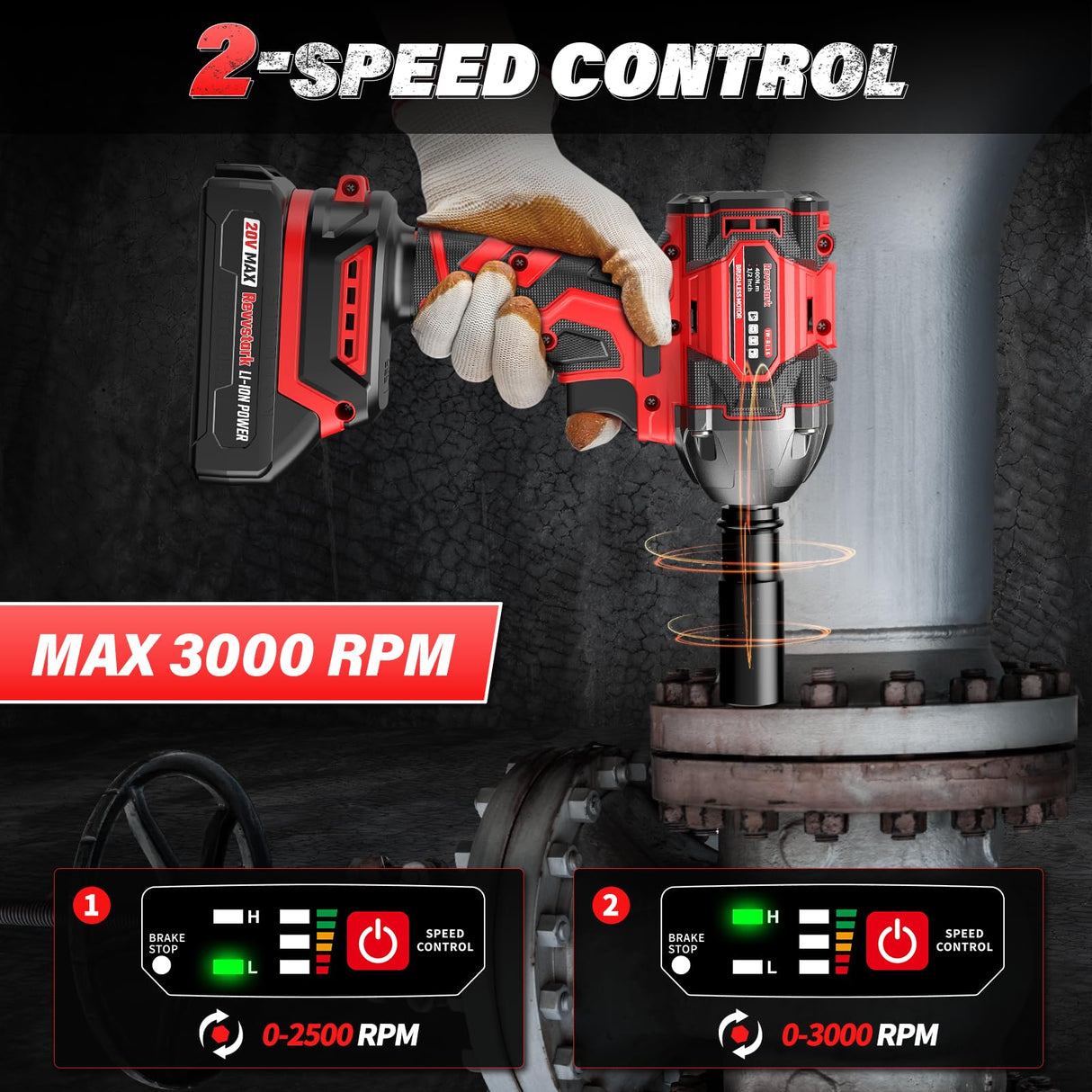 Revvstark Impact Wrench, Max Torque 295 Ft-lbs / 400 N.m Cordless 1/2 Impact Driver, 20V 3000RPM Brushless Motor, 2.0Ah Li-ion Battery and Fast Charger, 4 Pcs Sockets Included Revvstark