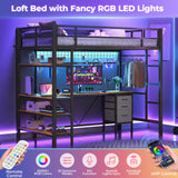 VIAGDO Loft Bed Twin Size with L-Shaped Desk, Charging Station and LED Lights, Twin Loft Bed with 4-Tier Bookshelf and 3 Drawers, Clothes Rail, Safety Guardrail&Ladder, No Box Spring Needed, Black VIAGDO