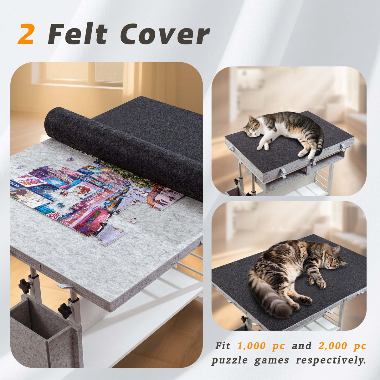 Tektalk 2000 Piece Foldable Felt Jigsaw Puzzle Table with Height Adjustment, Puzzle Board for Adults with 2 Cover & 8 Sorting Trays/Drawers, Easel with Legs, Enclosed with 4 Roller Wheels - Light Gray Tektalk