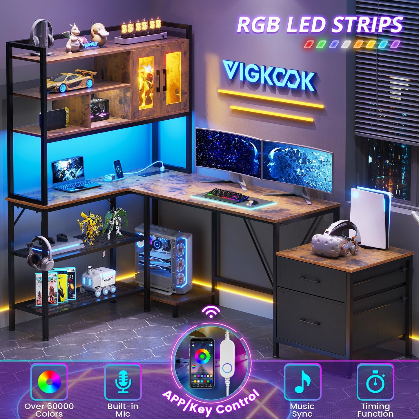 VIGKOOK L Shaped Gaming Desk with Hutch and RGB LED Lights, Brown - WoodArtSupply