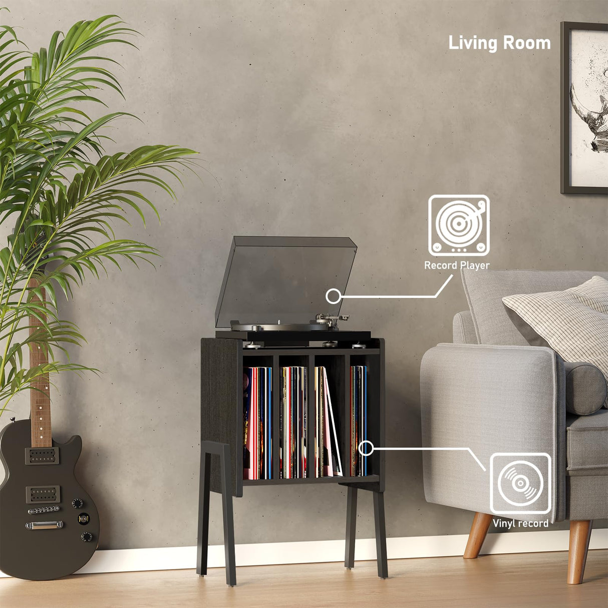 TUTOTAK Record Player Stand, Record Storage Table, End Table with Vinyl Holder Display Shelf, Side Table, Turntable Stand, Nightstand (Black) TUTOTAK