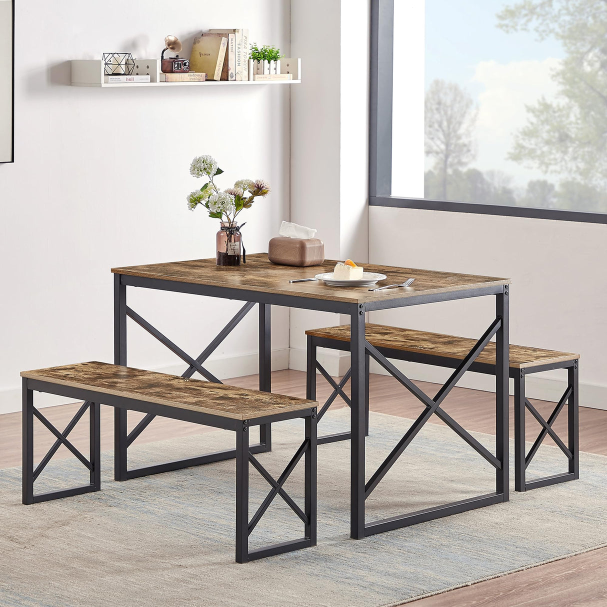 VECELO Kitchen Table with 2 Benches for 4, Wood Dining Room Dinette Sets with Metal Frame for Breakfast Nook and Small Space, Brown VECELO