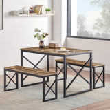 VECELO Kitchen Table with 2 Benches for 4, Wood Dining Room Dinette Sets with Metal Frame for Breakfast Nook and Small Space, Brown VECELO