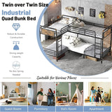 Duxelifin Quad Bunk Bed for 4, Metal L-Shaped Bunk Bed Frame, Twin 4 Bunk Beds for Kids, Industrial Bunk Frame Detachable Corner 4 Bunk Bed with Comfort Rungs for Teens Girls Boys（Black Duxelifin