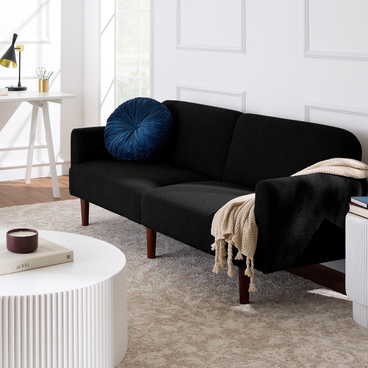 Best Choice Products 77" Mid Century Modern Boucle Loveseat Sofa, Couch, Convertible Sofa Sleeper Bed w/Real Wood, Removable Armrest - Midnight Black Best Choice Products