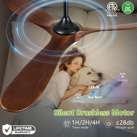Haipeel 52 Inch Outdoor Ceiling Fans with Lights, Dimmable Solid Wood Ceiling Fan with Light and Remote Control Modern 3 Blades Propeller Ceiling Fans DC Motor for Patios Indoor Bedroom, Dark Walnut Haipeel