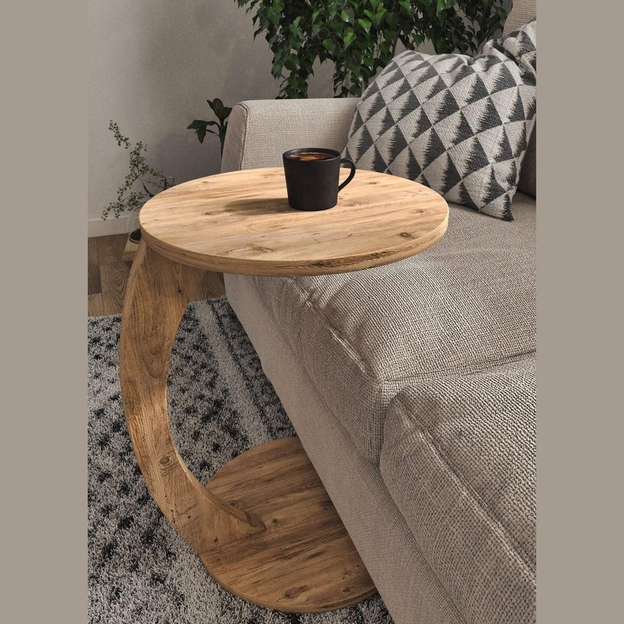 Furpinea C Shaped End Table for Couch Small Places, Space Saver Round Side Table for Sofa and Bedside with Wheels, Coffee and Eating Snack Time Tray for Living Room, Office (Natural) Furpinea