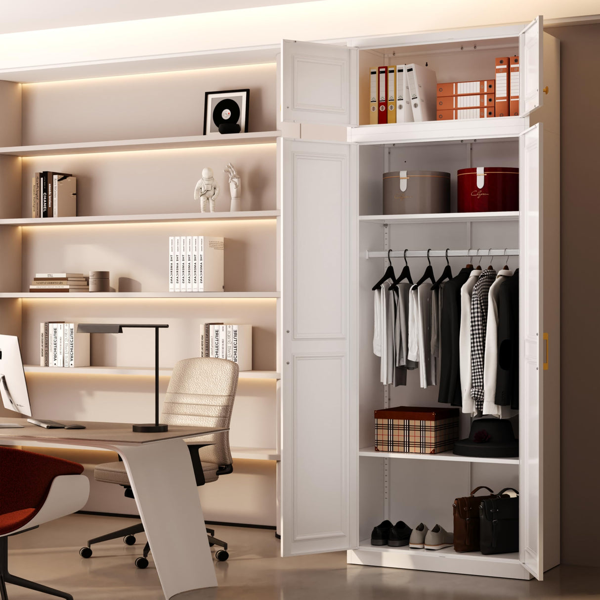 Metal Armoire Wardrobe Closet with Hanging Rod, 86" Tall Metal Clothing Storage Cabinet, White Armoire with Adjustable Shelves MetalMax