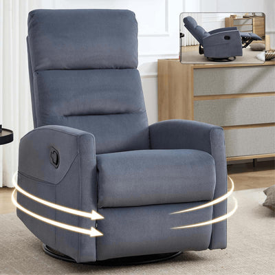 360° Swivel Rocker Recliner Chairs for Adults, Manual Nursery Glider Chair with Side Pockets and High Back, Small Lazy Boy Rocker Recliner for Small Spaces, Living Room, Bedroom (Blue Grey+Fabric)