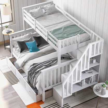 MERITLINE Twin Over Full Bunk Bed with Stairs, Storage Drawers, and Shelf - No Box Spring Needed, White - WoodArtSupply