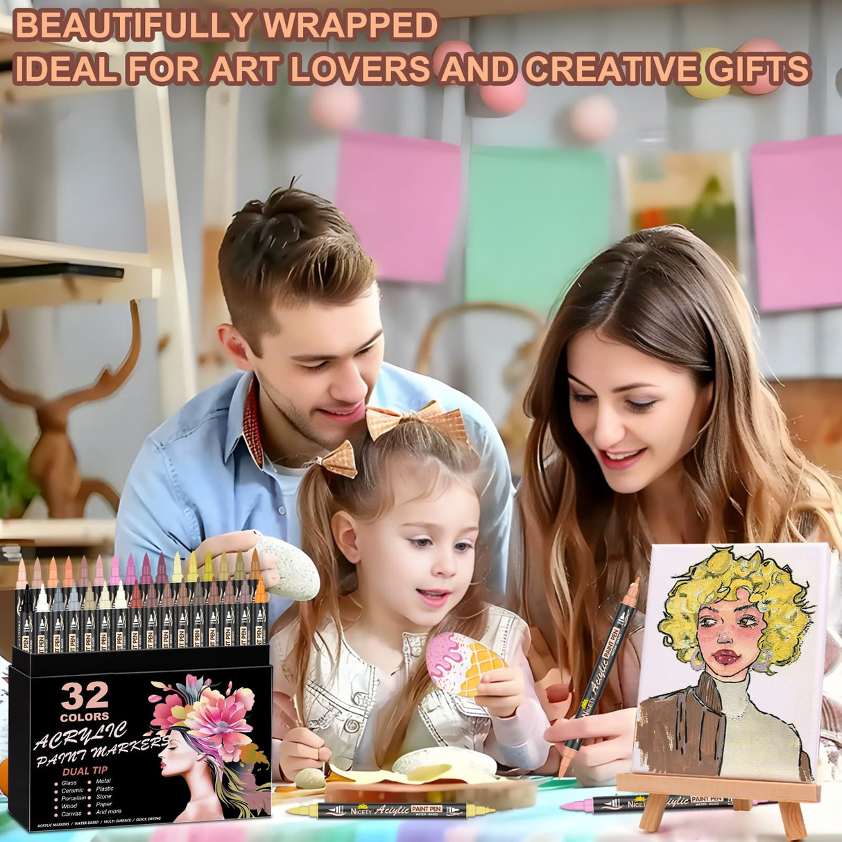 NICETY 32 Acrylic Paint Markers Paint Pens Skin Tone Series Set Brush Tip & Fine Tip for Rock Painting, Wood, Canvas, Glass, Mugs, Metal, DIY Projects(Skin) NICETY