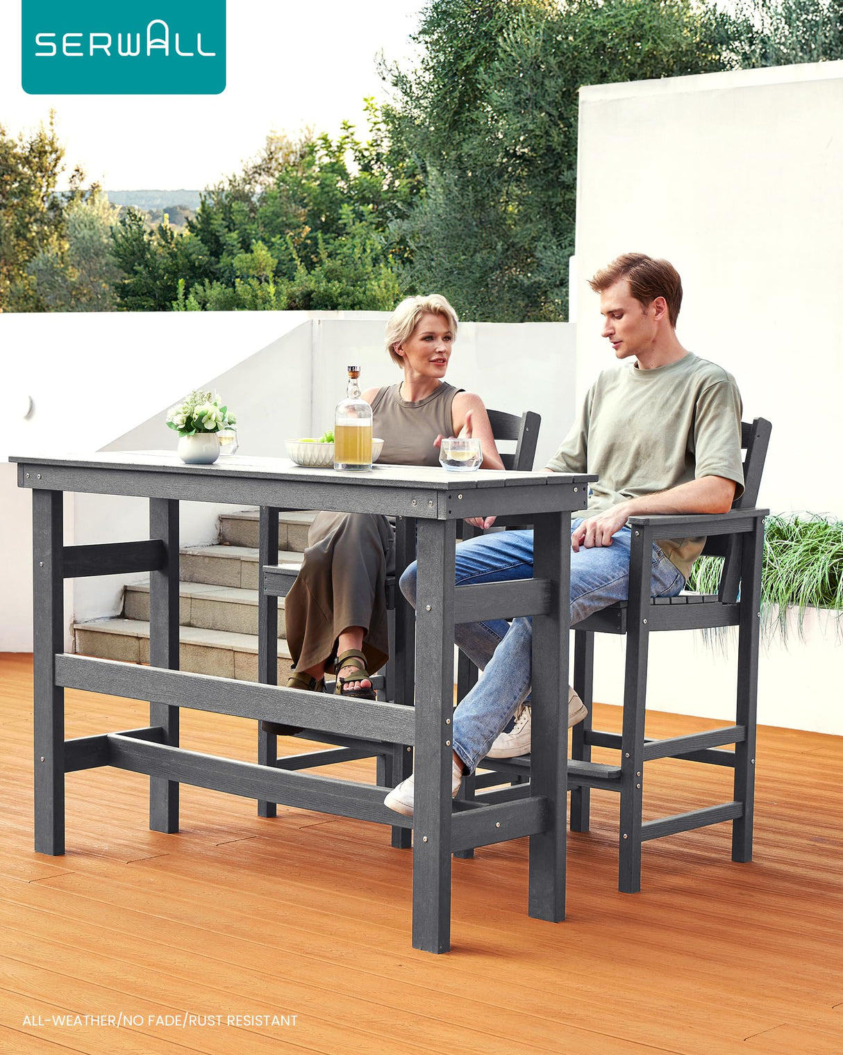 SERWALL 41" Outdoor Bar Table, All Weather HDPE Patio Bar Counter Height Table, Rectangle Patio Bar Table for Outside, Garden, Backyard, Balcony, Poolside, Grey SERWALL