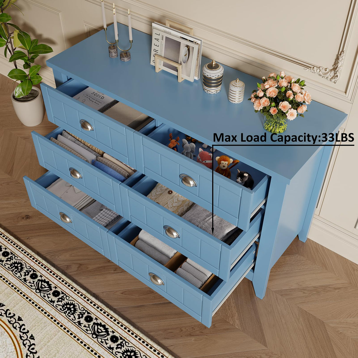 Cakhdry Dresser for Bedroom, 6 Drawer Dresser, Wide Chest of Drawers for Closet,TV Stand with Sturdy Frame and Wood Top, Easy Pull Handles for Clothes, Living Room, Hallway, Entryway,Light Blue Cakhdry