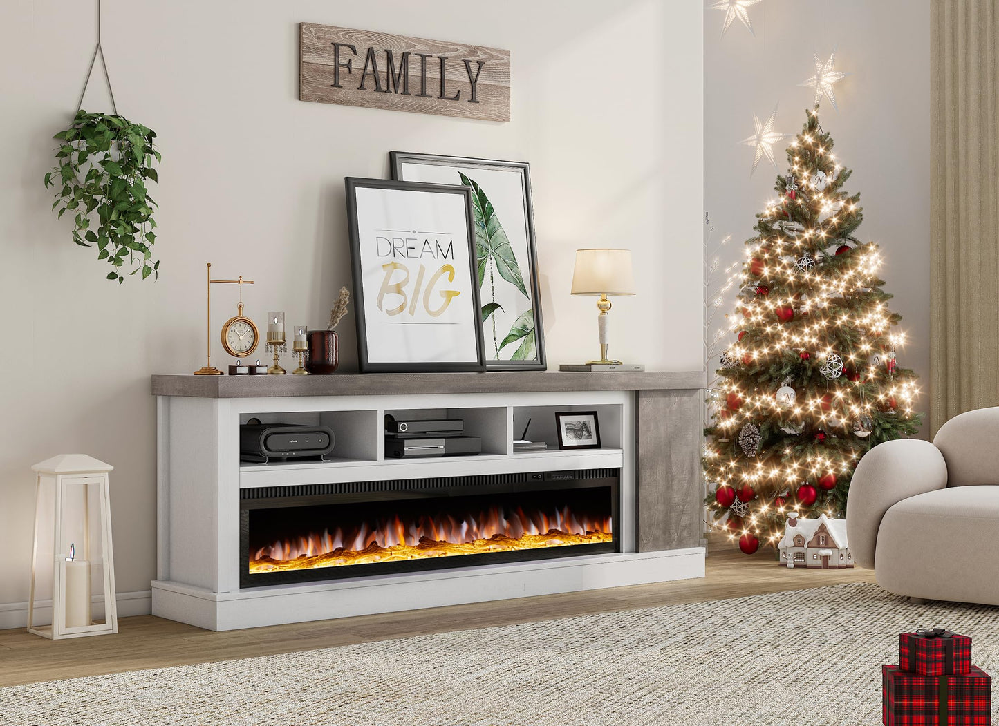 AMERLIFE 75" Fireplace TV Stand with 60" Glass Electric Fireplace, Color Contrast Rustic Media Entertainment Center with Storage for TVs Up to 85" for Living Room, White & Light Gray