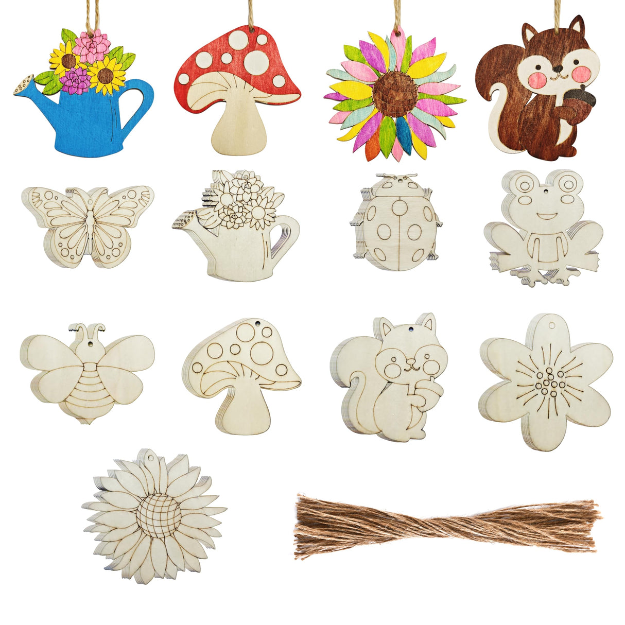 BENIMUS 54 Pcs Wooden Spring Ornaments to Paint, DIY Unfinished Wood Slices Flower Cutouts Butterfly Ornament for Art Crafts with 9 Styles, DIY Wooden Ornaments Hanging Decorations Kit BENIMUS