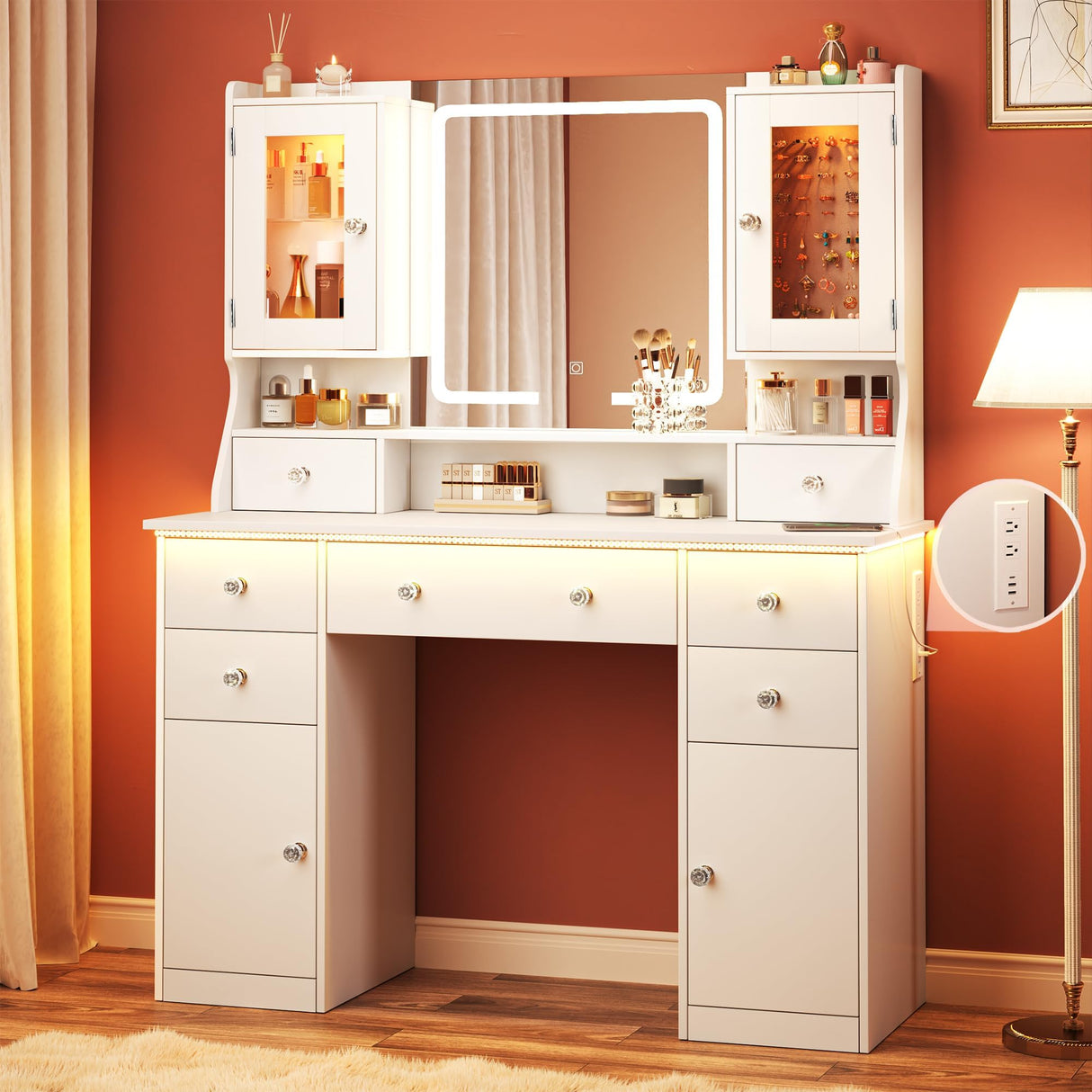 LIMGLIM Vanity Desk with Led Mirror and RGB Lights, 42" Makeup Vanity Desk with Power Outlet, 3 Colors Lighting Adjustable Brightness, 7 Drawers & 2 Large Cabinets, 2 RGB Cabinets for Bedroom, White LIMGLIM