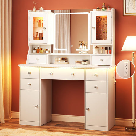 LIMGLIM Vanity Desk with Led Mirror and RGB Lights, 42" Makeup Vanity Desk with Power Outlet, 3 Colors Lighting Adjustable Brightness, 7 Drawers & 2 Large Cabinets, 2 RGB Cabinets for Bedroom, White LIMGLIM