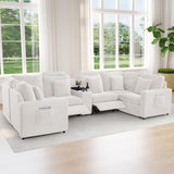 LEVNARY 6-Seat U Shaped Modular Sectional Sofa with Power Recliners, Faux Rabbit Fur Upholstery, Storage Console with Charging Ports & Cup Holders, Living Room Couch Set for Home Office (White) LEVNARY