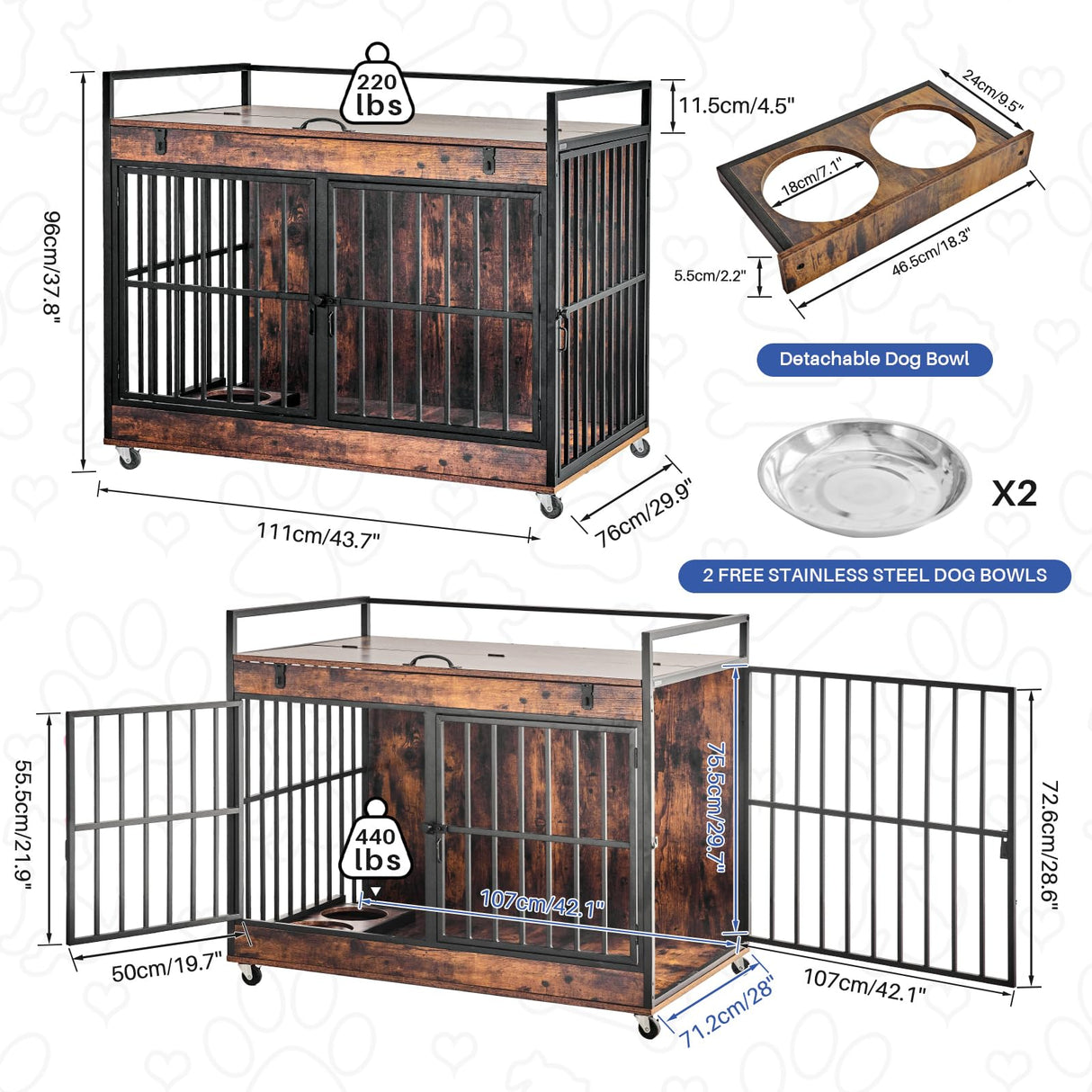 Extra Large Dog Crate Furniture, Dog Crates Furniture for Medium/Large Dogs Indoor, Heavy Duty Dog House with Wheels, Feeder Bowls & Flip Top, Large Dog Crate 44" L x 30" W x 38" H Redlifeᅟᅠ
