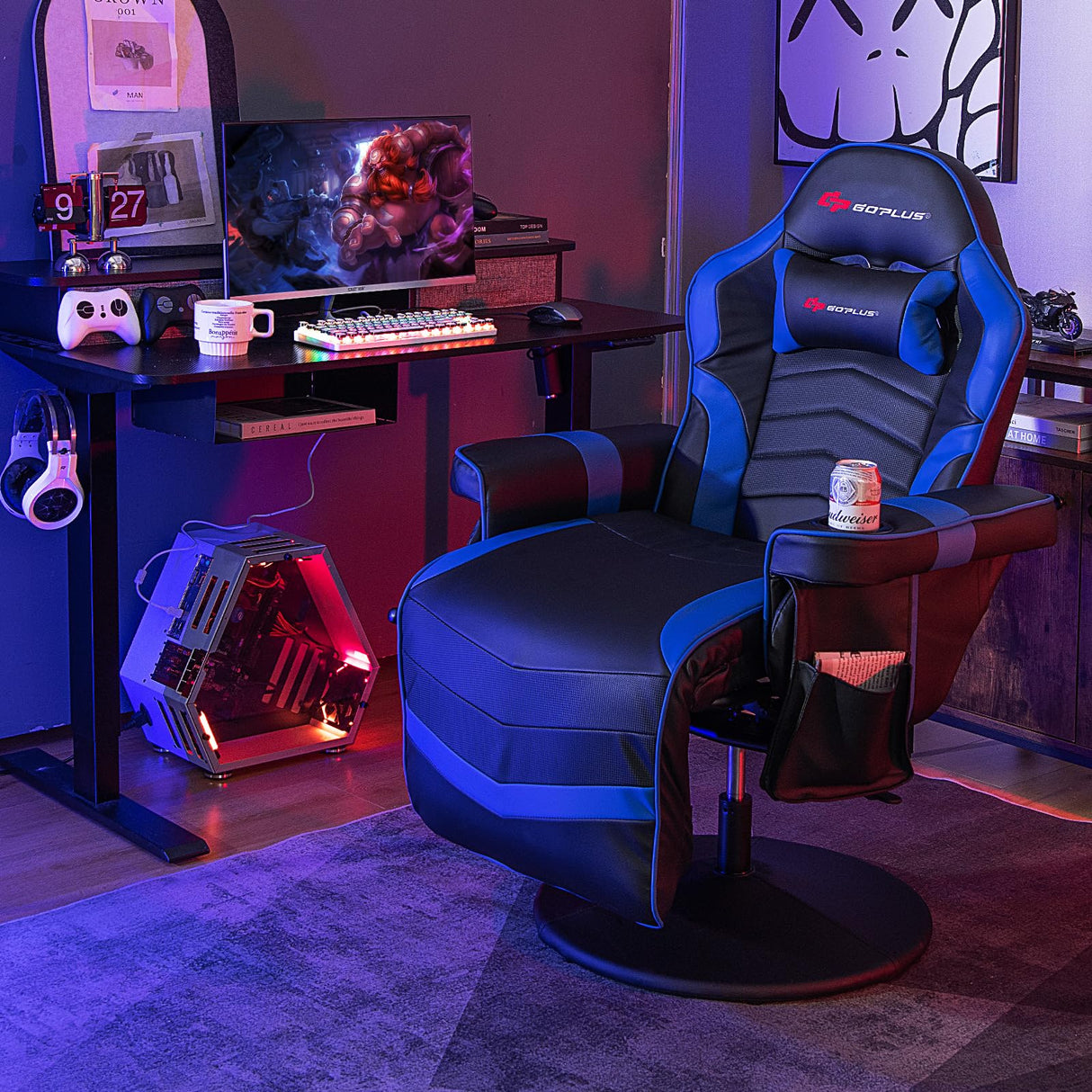 Goplus Gaming Chair, Height Adjustable Massage Video Game Chair with Retractable Footrest, Cup Holder, Headrest, Swivel Office Chair, Racing Style Swivel Gamer Chair (Blue) Goplus