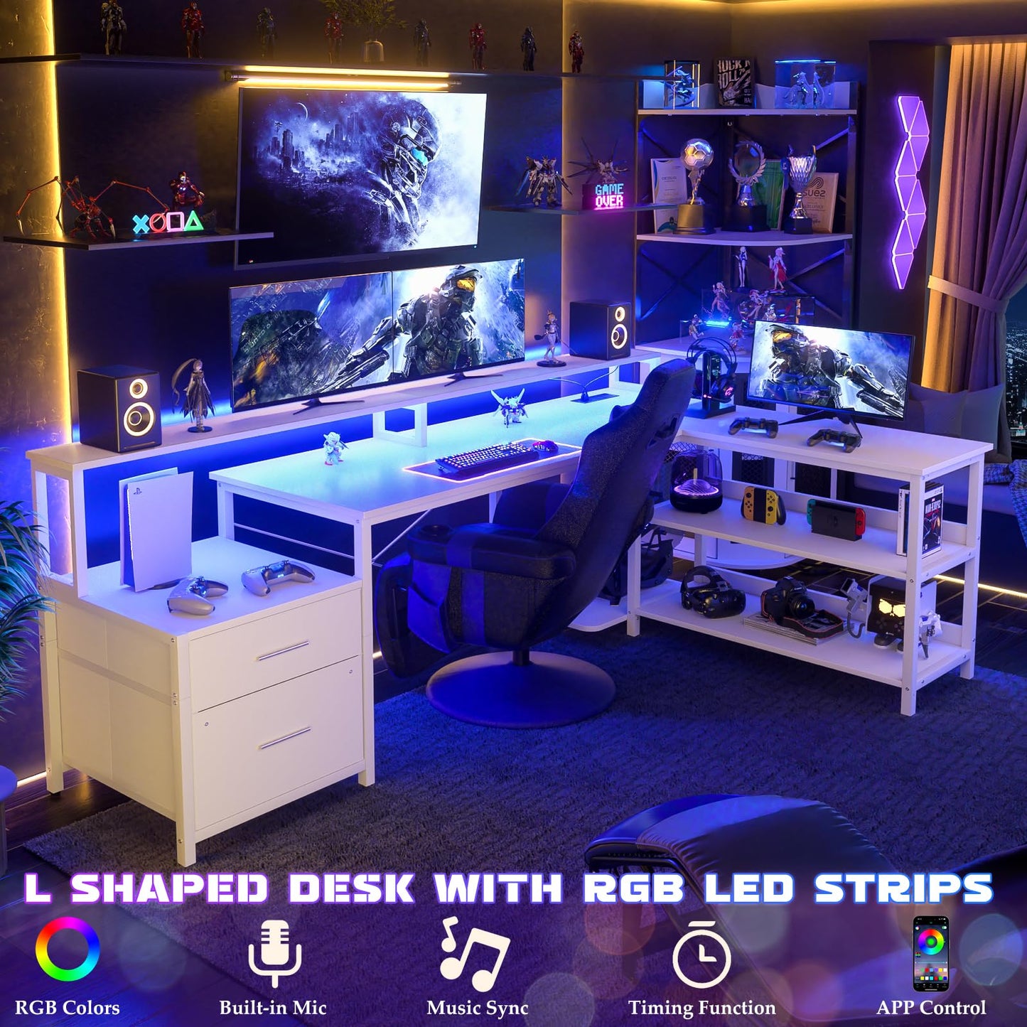 Aheaplus L Shaped Desk with File Drawer, 72.8" Reversible L Shaped Computer Desk with Power Outlet & LED Strip, Gaming Desk with Long Monitor Stand, Office Desk Corner Desk with Storage Shelf, White