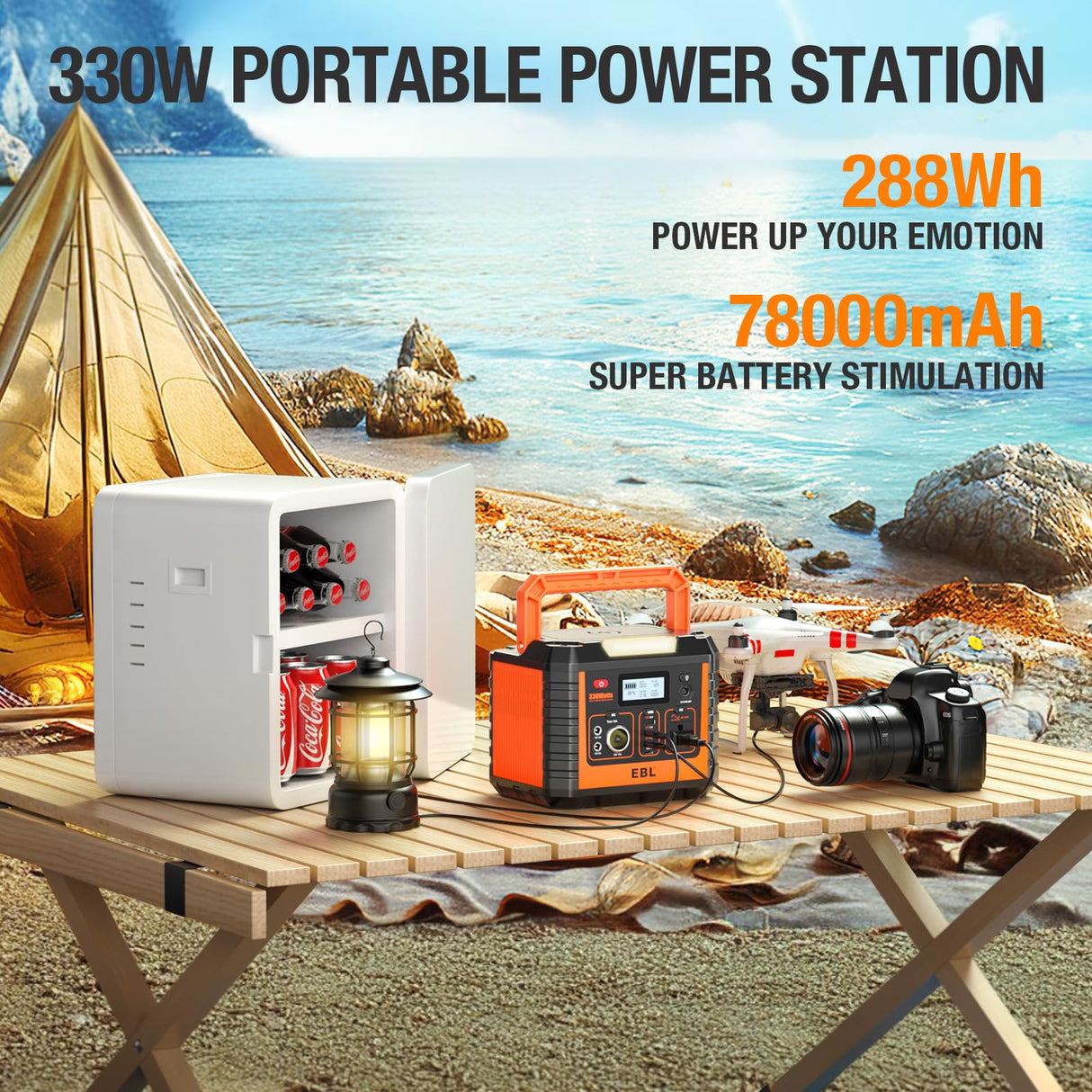 EBL Portable Power Station 300, 110V/330W Pure Sine Wave Solar Generator (Solar Panel Not Included) - Peak 600W Backup Lithium Batteries AC Outlet for Blackout Outdoors Camping Hunting Travel EBL
