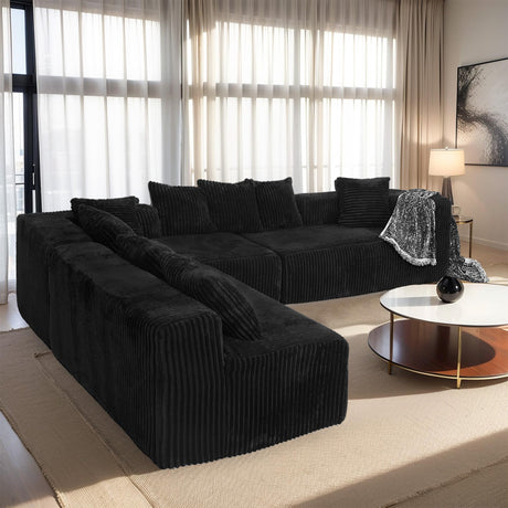 130" Cloud Boneless Sectional Couches for Living Room, U/L Shaped Couch with Deep Seat Chaise, High Density Foam Compression Sofa, Modular Corduroy Sleeper Sofa Bed with 8 Pillows No Assembly CAPCAEK