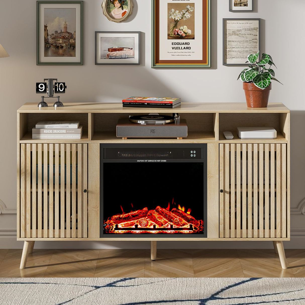 Oubayajia Fireplace TV Stand for Television up to 65 Inch with 23" Electric Fireplace, Fluted TV Stand, Modern Media Console Table with Adjustable Shelves, Entertainment Center for Living Room Oubayajia