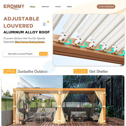 EROMMY Louvered Pergola 12' x 20' Outdoor Hard Top Gazebo with Wooden Grain Aluminum Frame and Adjustable Metal Rainproof Roof for Garden & Patio,