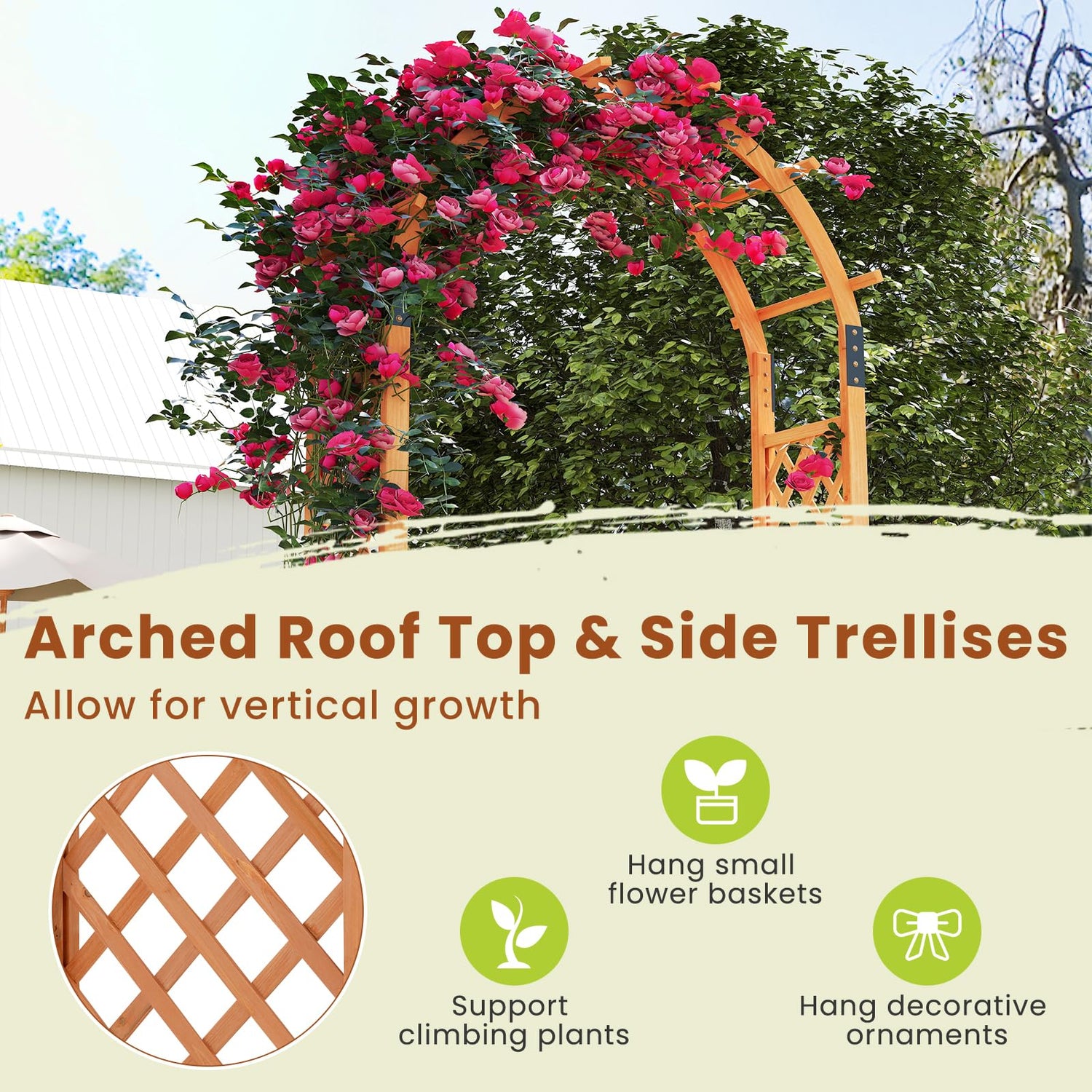 HAPPYGRILL 7.7 FT Wooden Garden Arbor, Outdoor Wood Garden Trellis for Climbing Plants, Wedding Arch Pergola for Ceremonies Parties, Solid Wood Backdrop Stand, Greenhouse Patio Lawn Decoration HAPPYGRILL