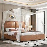 PAUKIN Canopy Bed Frame King Size with Upholstered Headboard, Sturdy and Stable, Easy to Assemble, Metal Bar Support, no Spring Mattress Required. (Brown, King) PAUKIN