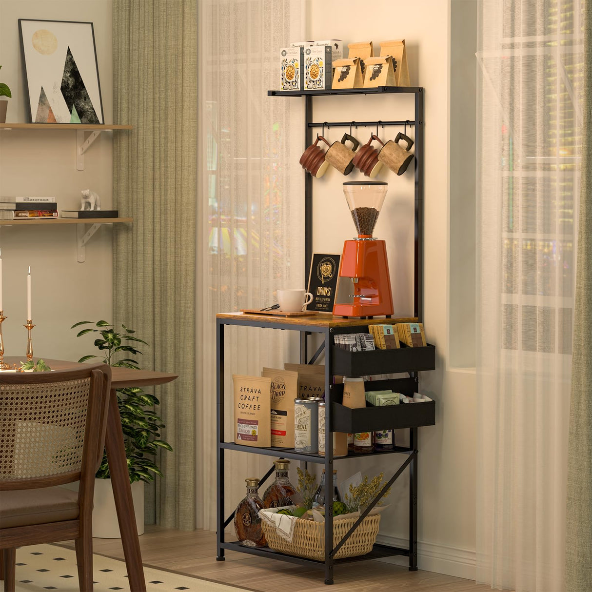 Honkazita Farmhouse Coffee Bar Cabinet 23 Inch Width with Coffee Storage Case,Coffee Station Bar Cabinet with 5 Hooks for Kitchen, Dining,Living Room Honkazita